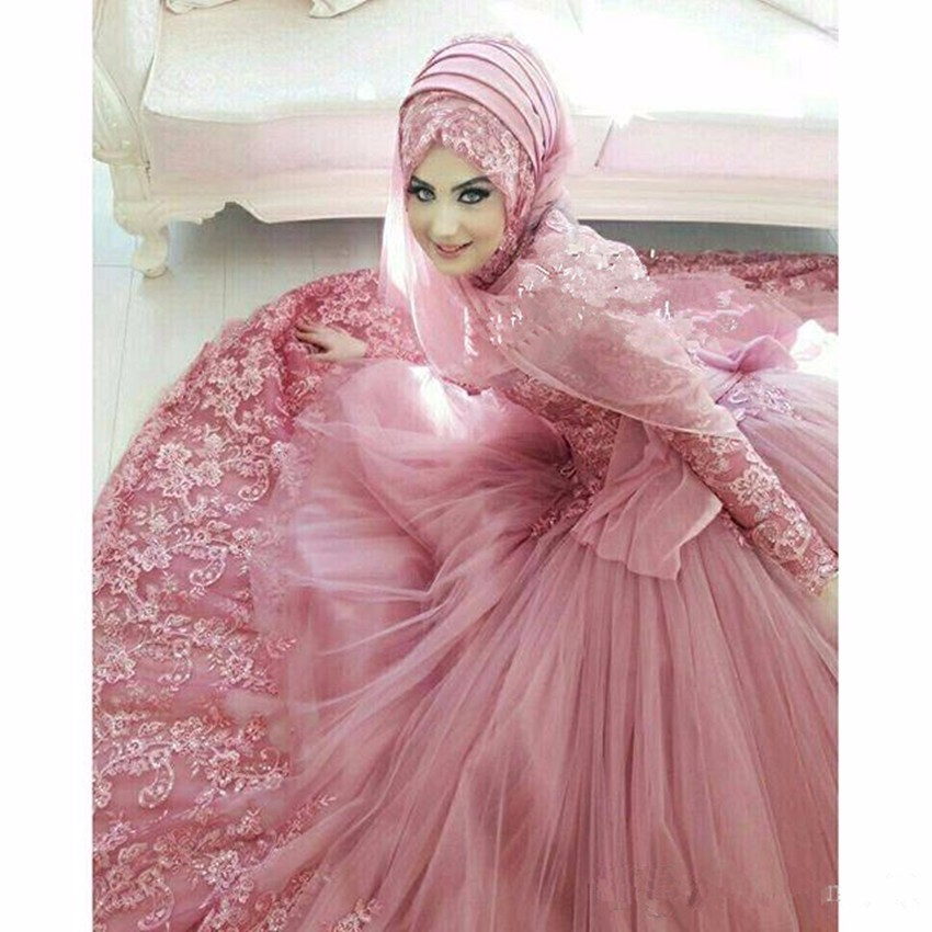 Hijab Muslim Wedding Dresses 2021 Appliques Lace Long Sleeves High Neck Saudi Arabia Islamic Wedding Dress Vintage Dubai Bridal Gowns