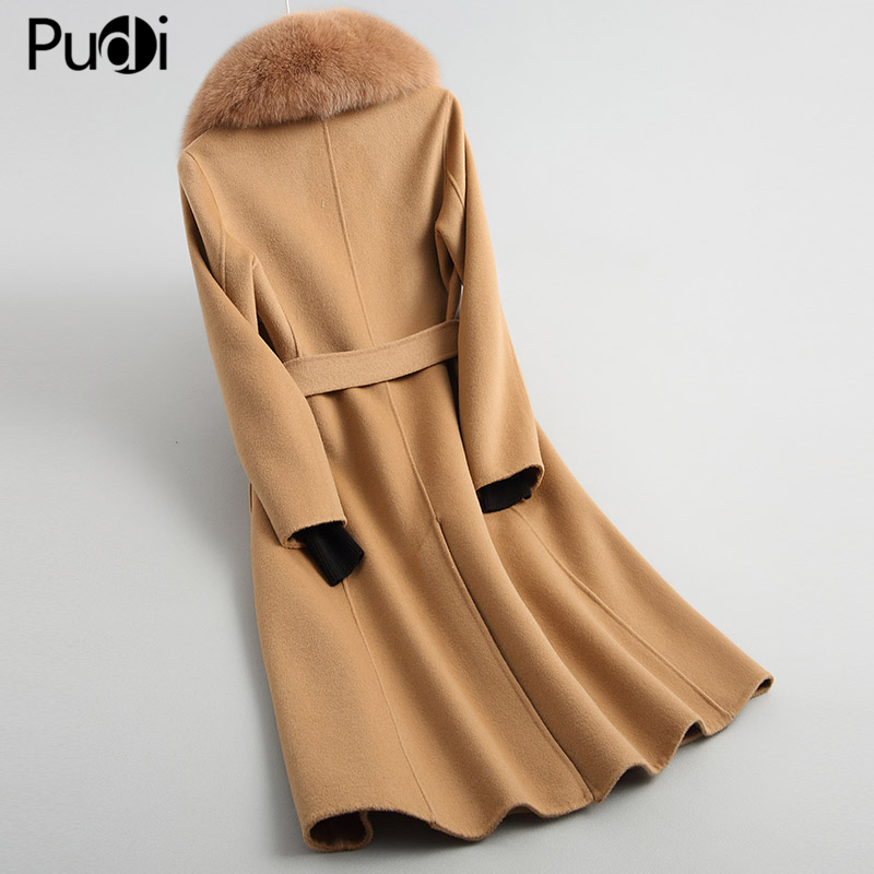 Pudi women 100% wool blends coat jacket with real fox fur collar overcoats jackets A38901 201222