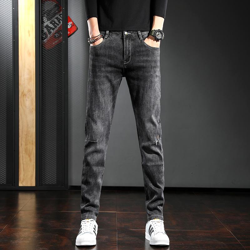 2021 Korean Style Men Jeans Fashion Black Gray Slim Fit Pencil Pants