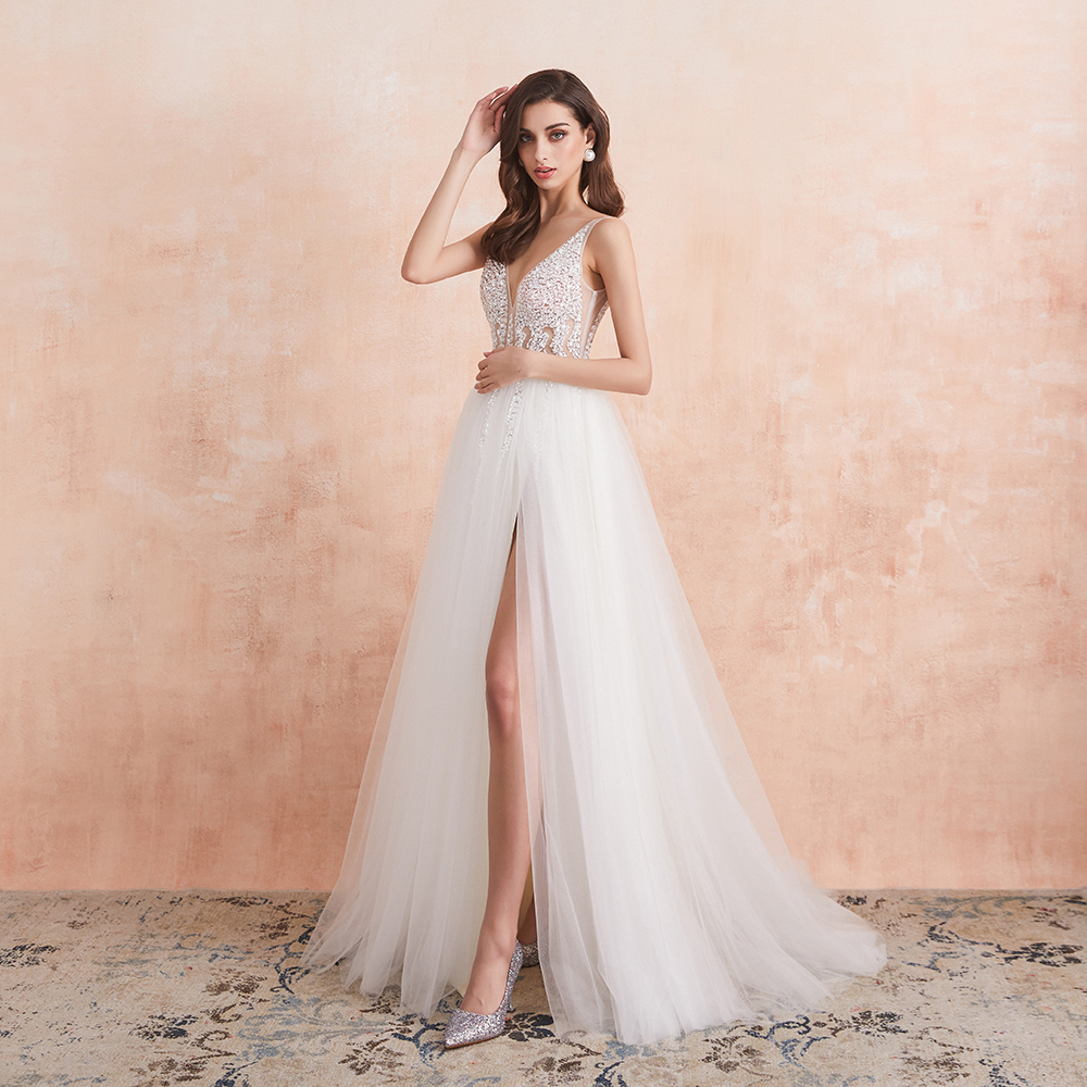 V Neck Wedding Dress White Ivory Sexy High Splits Beaded Beading Pearls Crystal A Line Backless Bridal Gown Vestido De Noiva Robe Mariage