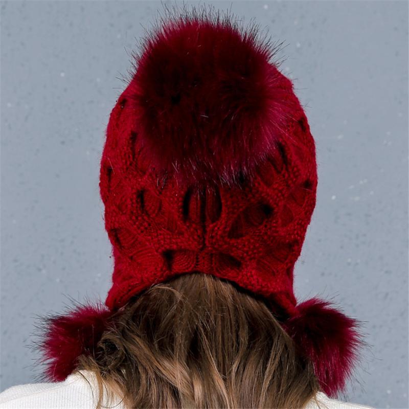 Beanie/Skull Caps Women Hats Autumn Winter Wool Beanies Hat Three Hair Ball Back Open Knit Double Thick Fur Bonnet Beanie Cap