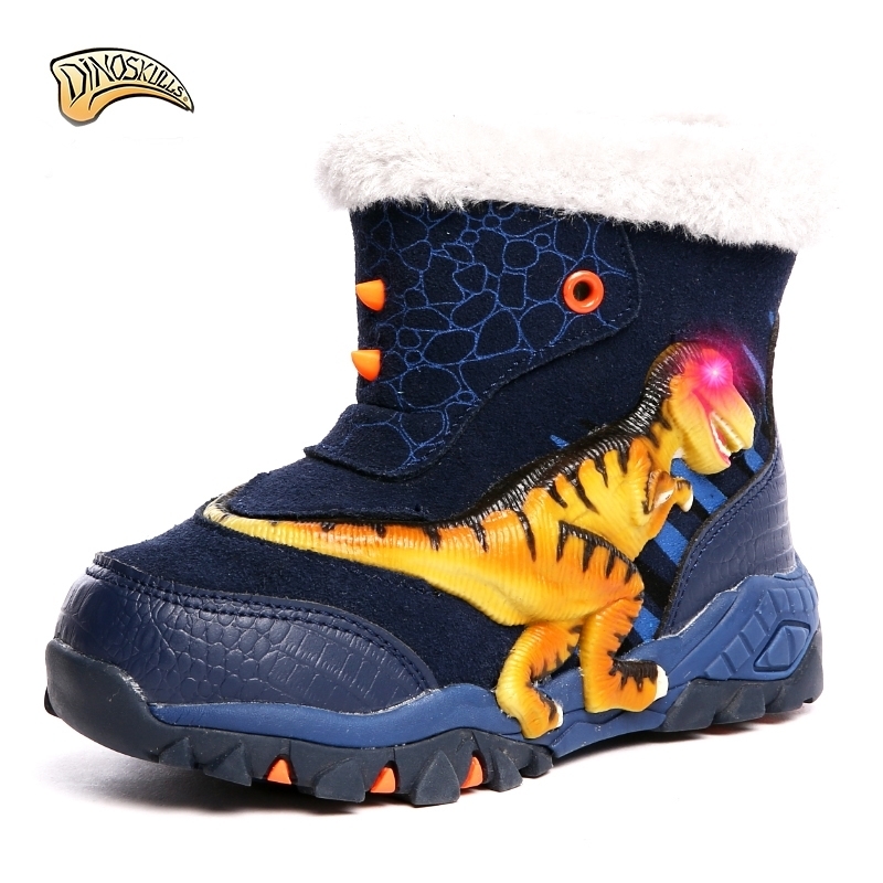Dinoskulls kids warm boots lights for boys led boots luminous big dinosaur boots warm shoes for CHIldren snowshoes LJ201029