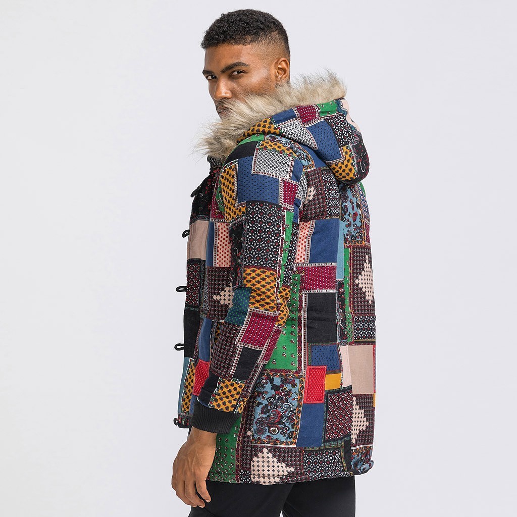 New Thicken Warm Men Casual Winter Fox Fur Collor Jackets Warm Floral Print mens jacket Coats Winter Cotton Hooded Long Parkas 201023