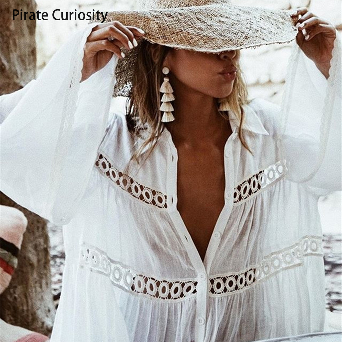 Pirate Curiosity Womens Up Hollow Out Sun Protection Clothing Swimsuit Jacket Flare Sleeve Beach Outer Wear Lace White Shirt 201029