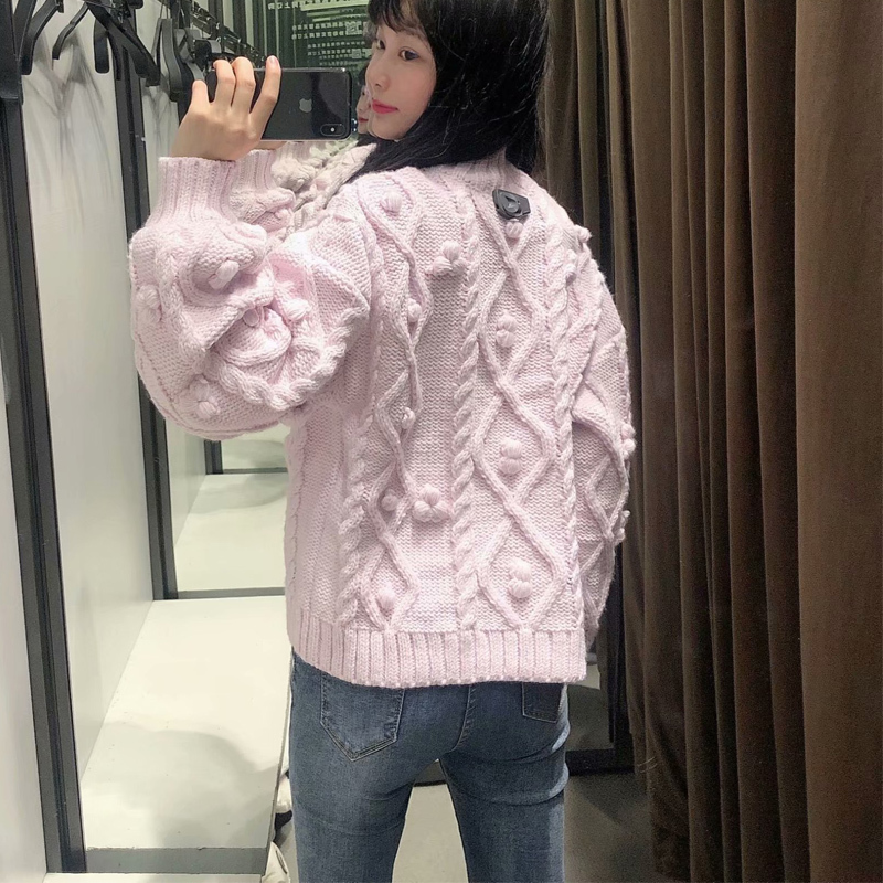 Fall Za Pink Knitted Woman Sweaters With Pompoms Turtleneck Oversized Cropped Sweater Women Long Sleeve Ribbed Trim Pullover 201223