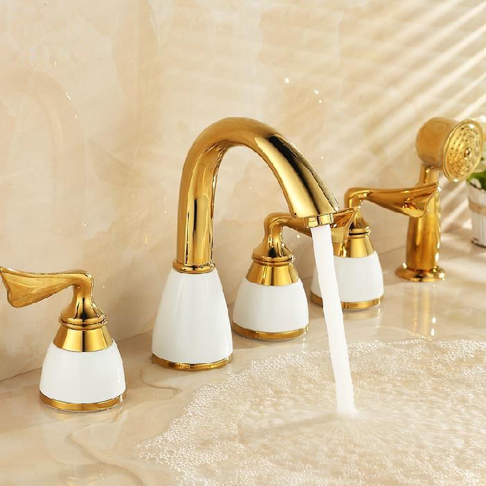 Bathtub Faucet Brass White Ceramics Gold Luxury 5 Hole Bathroom Faucet Set Rainfall Shower Hand Basin Hot Cold Mixer
Bathtub Faucet Brass White Ceramics Gold Luxury 5 Hole Bathroom Faucet Set Rainfall Shower Hand Basin Hot Cold Mixer