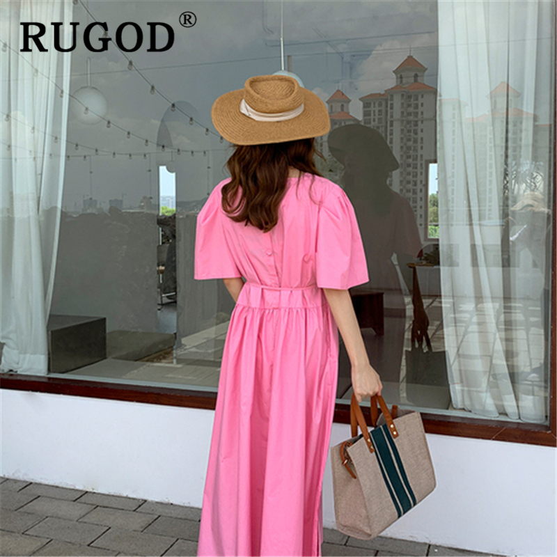 RUGOD Korean ins solid loose summer dress Fashion back singlebreasted ladies dress Casual square collor split maxi dress T200416