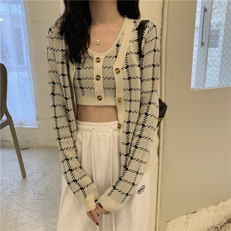 2021 Sexy Two Pieces of Women's Clothing Plaid Single-v Cleavage Breasted Mesh Cardigan Cut Out Knitting Waistcoat Match Sets Spring 1PSB, Beige
2021 Sexy Two Pieces of Women's Clothing Plaid Single-v Cleavage Breasted Mesh Cardigan Cut Out Knitting Waistcoat Match Sets Spring 1PSB, Beige