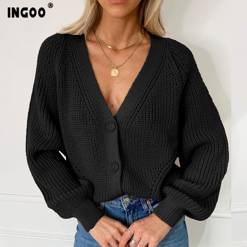 Winter Knit Cardigan Women Autumn New Casual Cardigans Long Sleeve Solid Cream Color Top Sexy V Neck Loose Short Sweater 201221