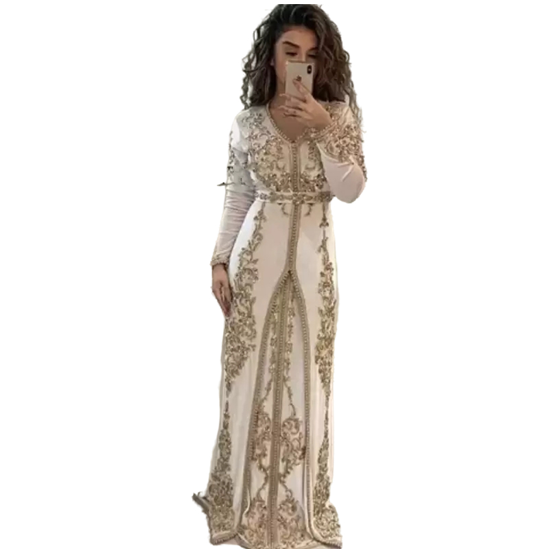 2022 Elegant Ivory Moroccan Kaftan Formal Evening Dresses Mermaid Satin Long Sleeve Muslim Formal Party Gowns Appliques Golden Lace Islamic Arabic Dub