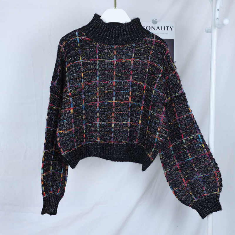 Autumn Winter New Plaid Sweater Women Korean Lazy Wind Short Loose Casual Checkered Sweater Lantern Sleeve Pullovers Girls 201111