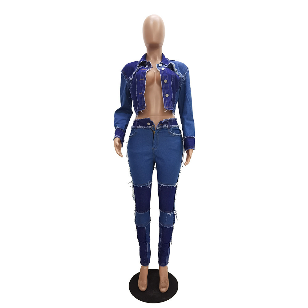 CM.YAYA Active Wear Women Denim Patchwork Jackets Jeans Pants Suit Tracksuit Two Piece Matching Set Fitness Outfits 201008