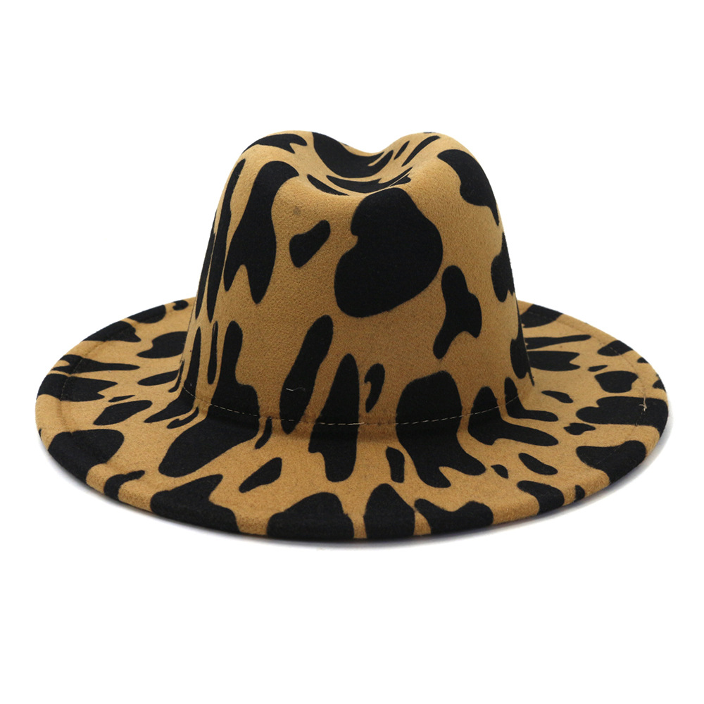 European US British Style Cow Print Jazz Felt Hat Faux Wool Fedora Hats Women Men Wide Brim Panama Party Formal Hat
