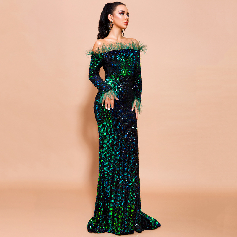 Sexy Off Shoulder Sequin Dress Runway Dresses for Women Feather Solid Color Evening Party Dress Long Sleeve Maxi Dress Vestdios 011906, Blue
Sexy Off Shoulder Sequin Dress Runway Dresses for Women Feather Solid Color Evening Party Dress Long Sleeve Maxi Dress Vestdios 011906, Blue