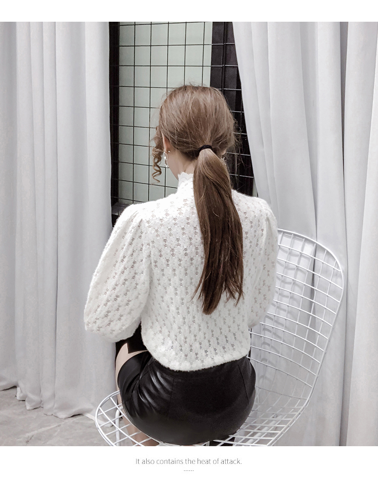 Autumn New design womens stand collar long sleeve hollow out thickening lace lantern sleeve shirt tops plus size SMLXL