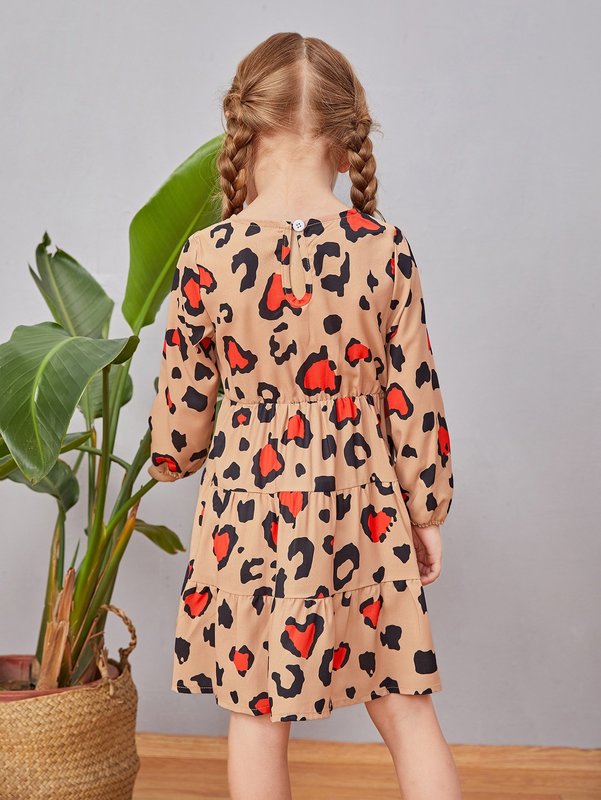 Toddler Girls Heart Print Lantern Sleeve Ruffle Hem Dress SHE