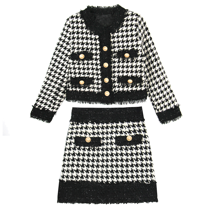 Autumn Winter Women Houndstooth 2 Pieces Clothing Sets Ladies Woolen Tweed Plaid Short Jacket Coat+Golden Button Short Skirt Set 201102