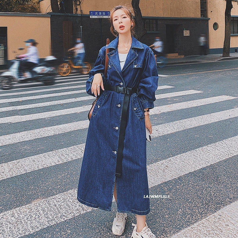 Denim Windbreaker women Autumn New Lady Trench Coat Fashion Lapel Single-breasted long length Jean Overcoat Women with belt T200828