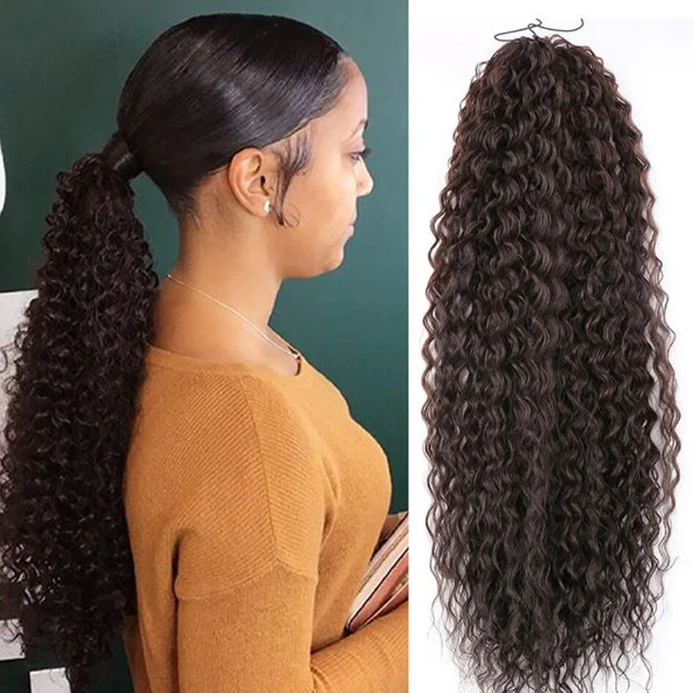 Long Ponytail Human Hair Machine Remy Brazilian deep wave Curly Ponytail Hairstyles 100% Natural Hair Clip in Extensions natural color
