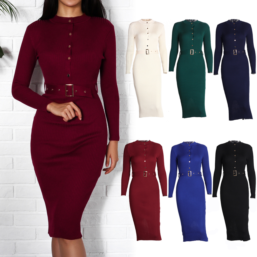 Women Midi Sweater Dress Autumn Winter New Fashion Button Long Sleeve Pencil Dress Knitted Women Bodycon Dress Black Red 201110