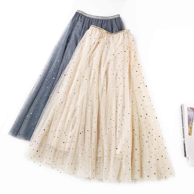 New Spring Tulle Skirts Womens Fashion Shining Star Mesh Tutu Skirt Pleated Long Skirts Midi Skirt Saias Faldas Jupe Femme T200324