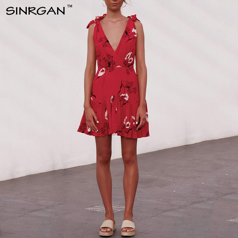 SINRGAN Sexy vneck red flower print boho women mini sundress beach summer Bow tie high waist wrap casual dresses T200604
