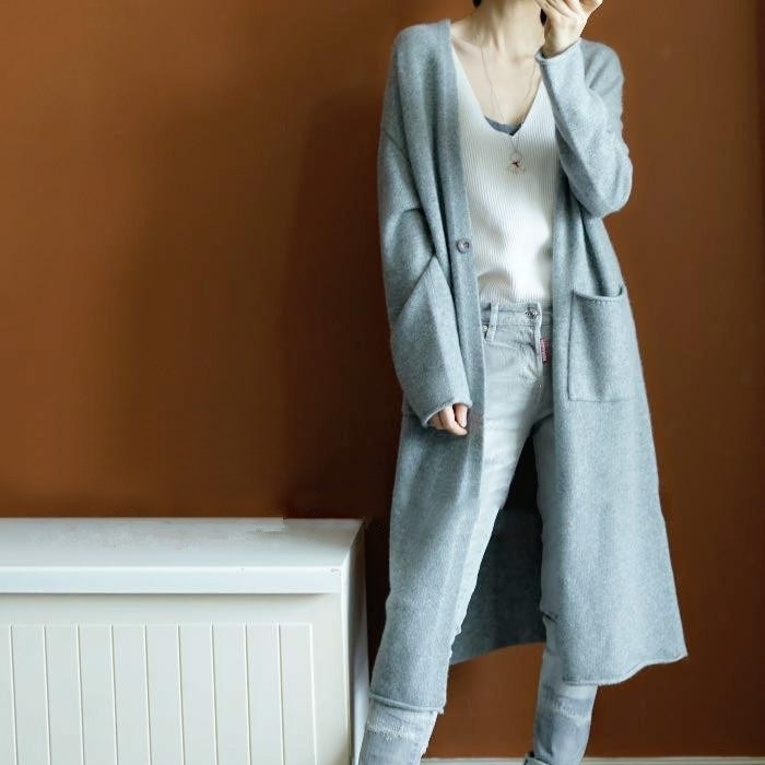 Mid-length wool coat sweater women's cardigan jacket spring fall long-sleeved loose cardigans 201128