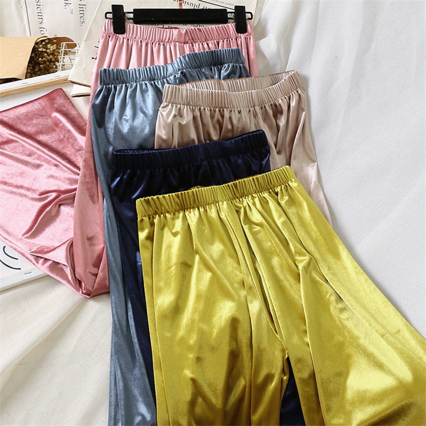 Gowyimmes Vintage Autumn Women Gold Velvet Pants Casual Big Size Wide Leg Pant Autumn Lady Long Trousers High Waist Pants T200223