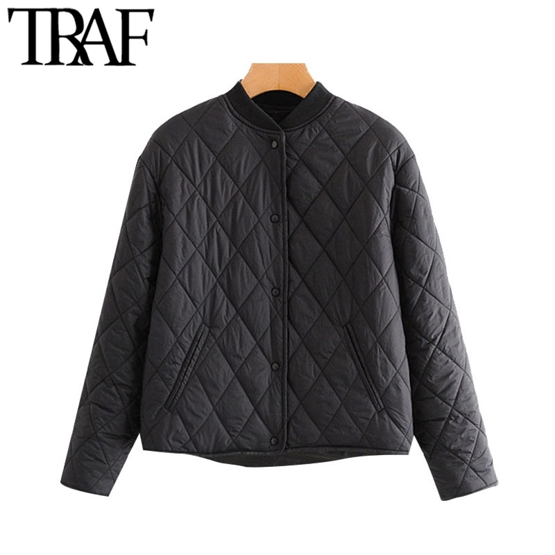 TRAF Women Fashion Argyle Loose Padded Jacket Coat Vintage Long Sleeve Side Pockets Female Outerwear Chic Tops 201017