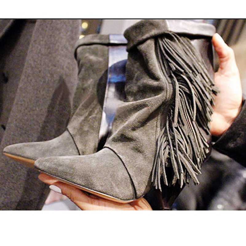 Real leather black grey pointed toe ankle for women 8 cm high heel fringe tassel short boots ladies bota feminina Y200115