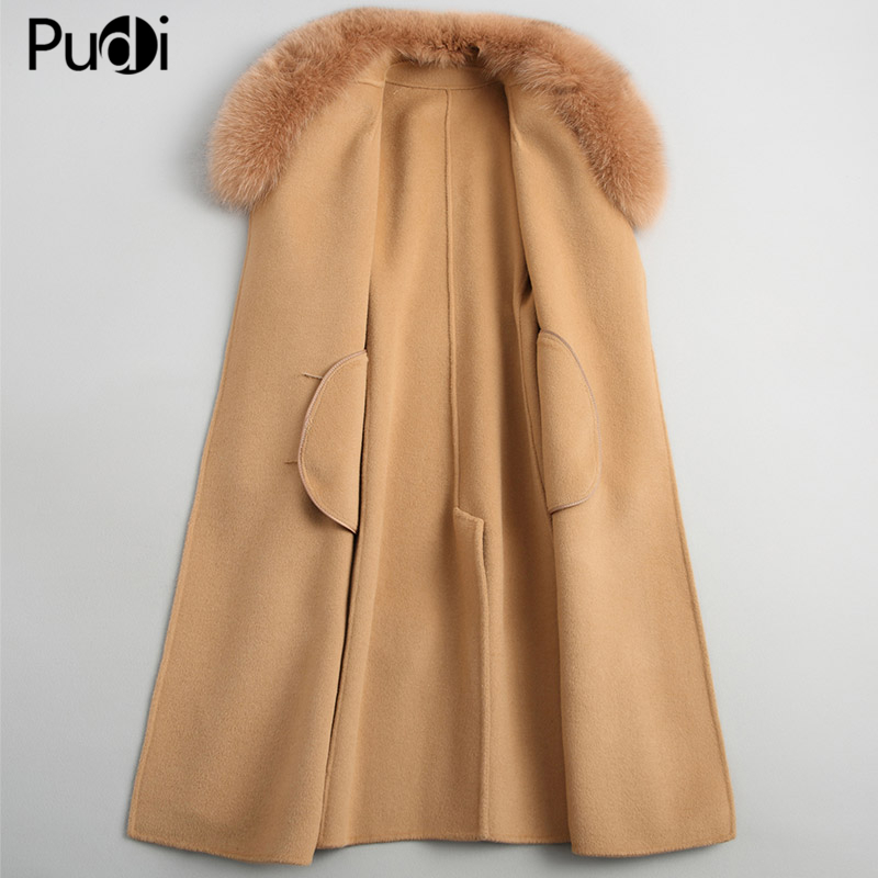 Pudi women 100% wool blends coat jacket with real fox fur collar overcoats jackets A38901 201222