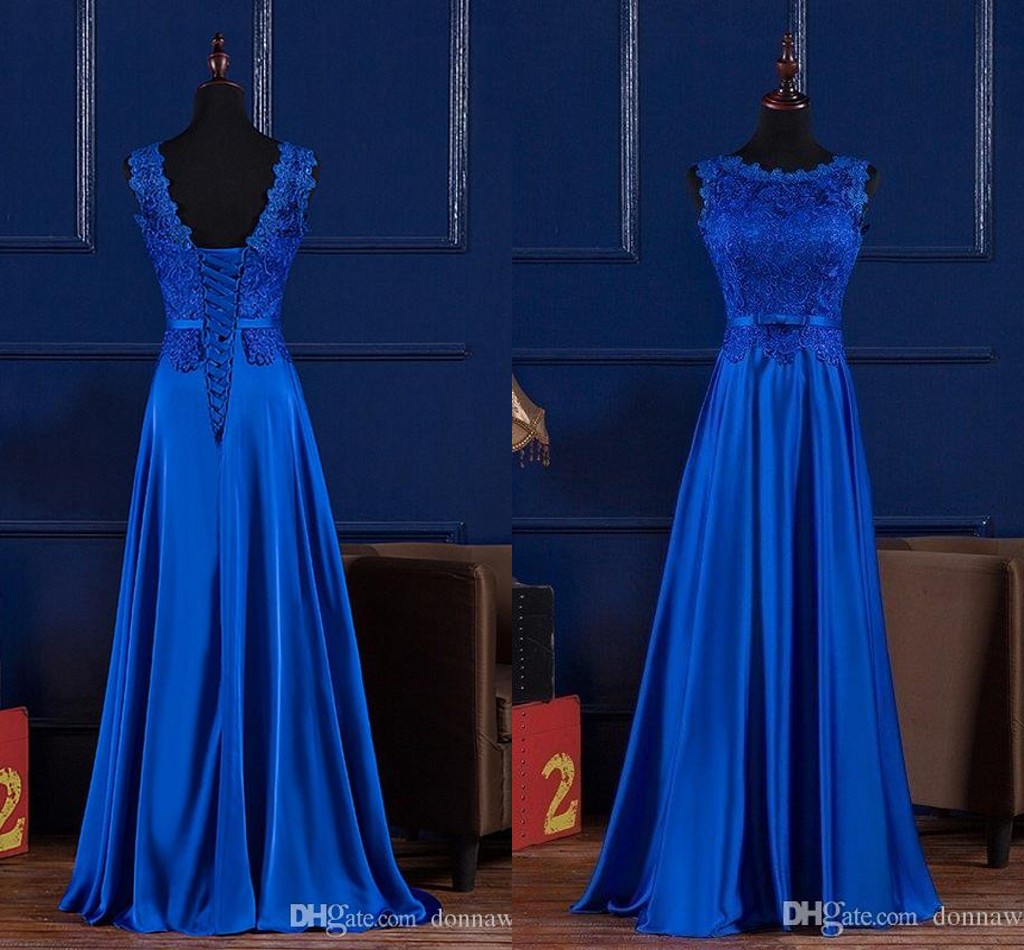 New Boat Neck Lace Satin Long Evening Dress Royal Blue Burgundy 2022 Floor Length Prom Party Gown Elegant robe de soiree