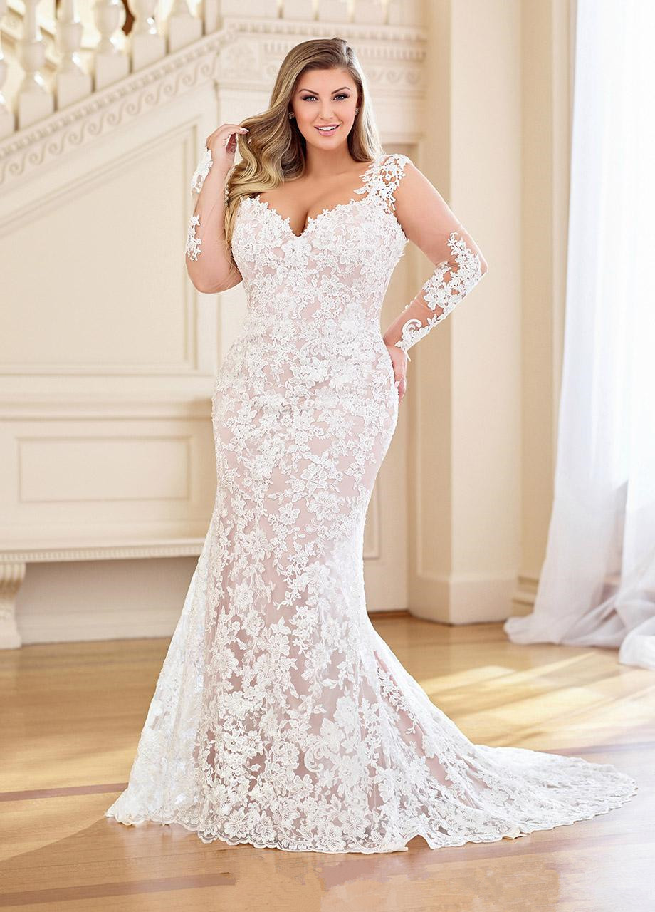 Mermaid Charming Plus Size Lace Wedding Dresses With Detachable Sweetheart Neck Long Sleeves Bridal Gowns Sweep Train Robe De Mari E