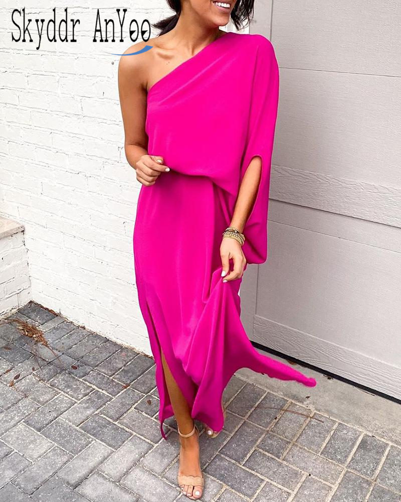 One Shoulder Summer Women Maxi Long Dresses Red Black Elegant Ladies Party Dress Plus Size Loose Casual Woman Fashion Dress 201013