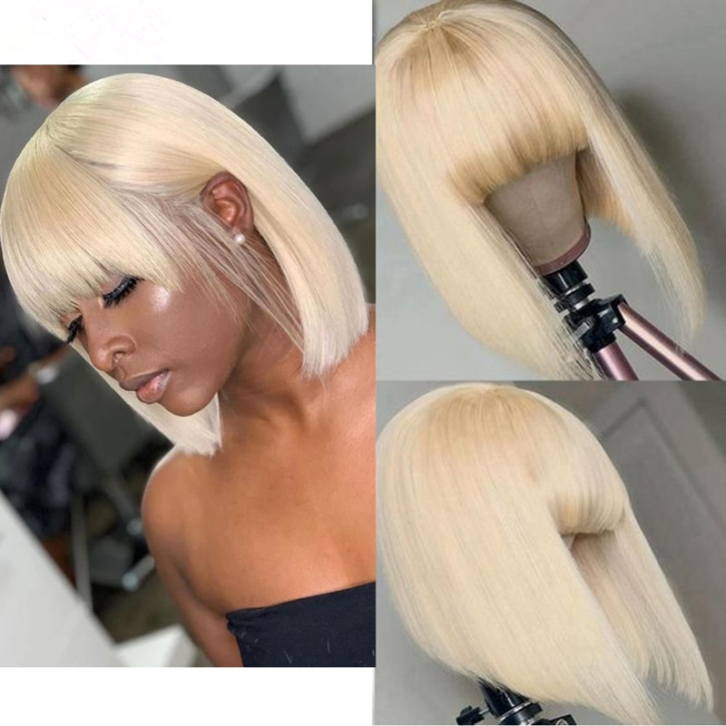 Full-Machine 613# Bob Wig Peruvian Virgin Human Hair Straight Blonde Color 10-16inch Bob Wig Bangs Blonde Light Color