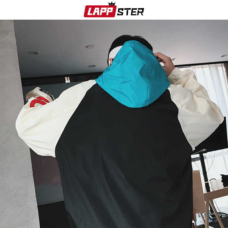 LAPPSTER Men Patchwork Bomber Jackets Windbreaker Mens Streetwear Hip Hop Jackets And Coats Male Vintage Hooded Jackets XL T200117