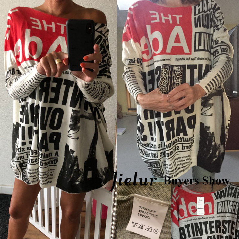 Jielur 2019 Autumn New Long Oversized Sweater Casual Letter Print Women Sweaters Pullovers Cool Batwing Sleeve Female Pullover T200116