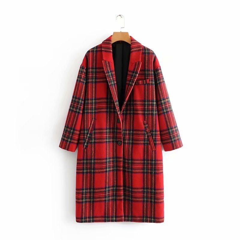 New Arrival Women Red Plaid Blend Wool Coat Casual Single Button Thick Warm With Pocket Elegant Long Fashion Feminine Outwear 201102