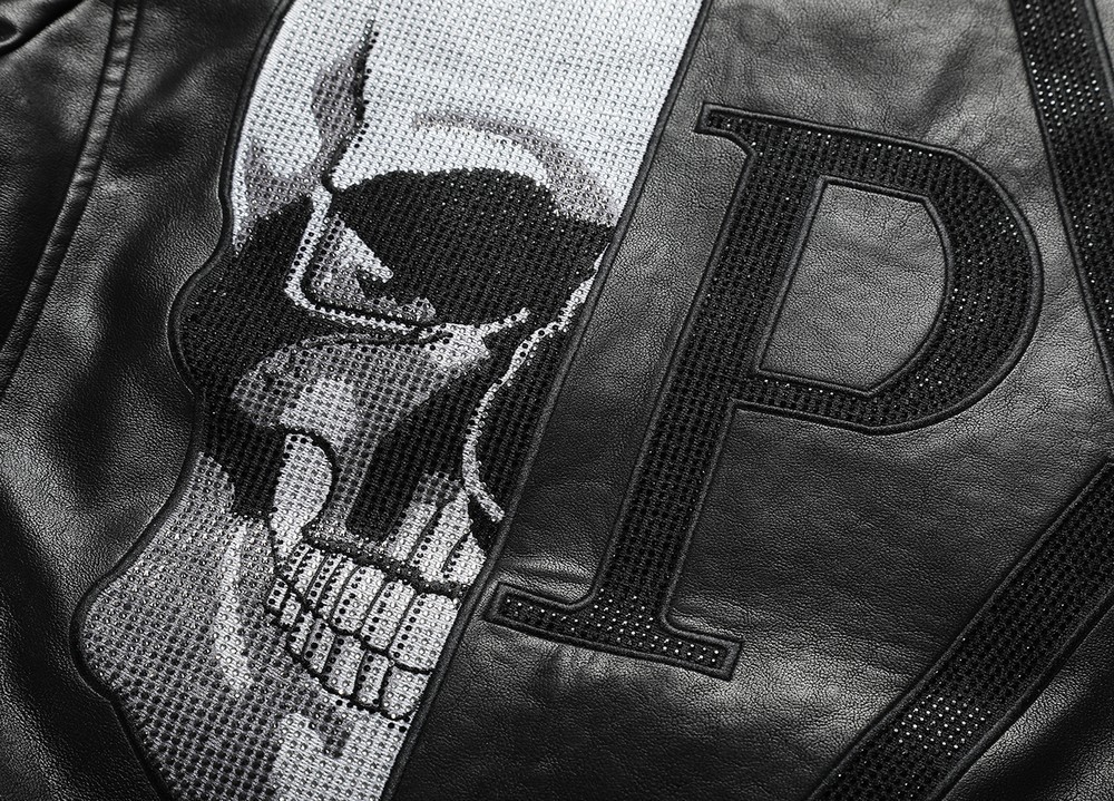 Skull Rhinestones PU Jackets Men Black High Street Stand-Neck Zipper Rib Sleeve Streetwear Motorcycle Faux Leather Coats 201119