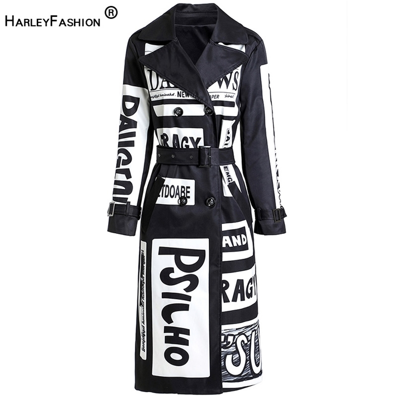 HarleyFashion Autumn Winter Women Long Coat Letters Printing High Street Stylish Graffiti Casual Quality Windbreaker Trench 201211