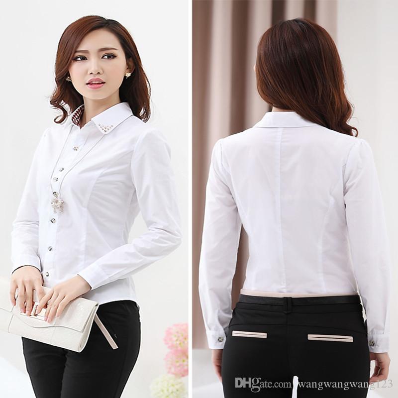 spring autumn women Career wear Office blouse tops Shirt Long Sleeve red white Korean lady Slim Cotton Blend Formal Workwear