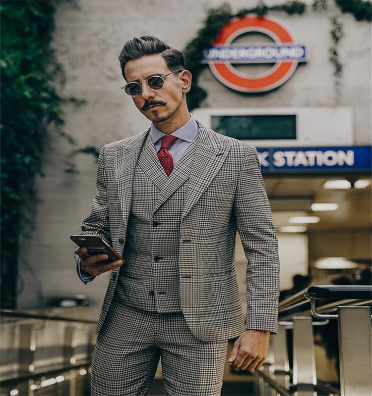 3-piece Mens Suits Damier Check Groom Tuxedos Handsome Lapel Slim Fit Bridegroom Formal Wear Best Mens Suit For Weddings (Jacket+Pants+Vest)