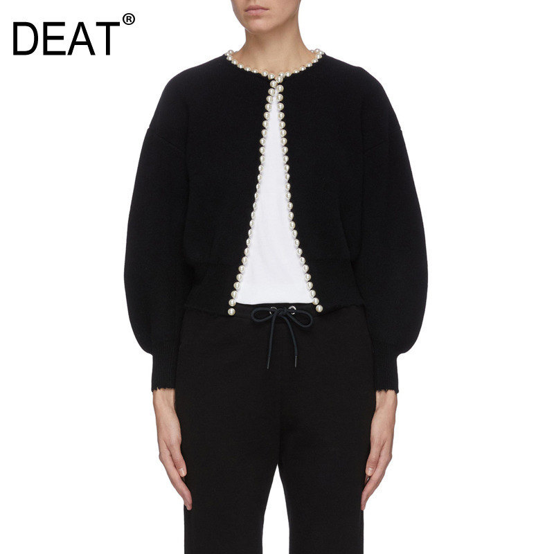 [DEAT] New Fashion Korean Jackets Pearls Cardigan Batwing Sleeve Wool Knit Vintage Women's Coat High Quality Jacket AP520 201112