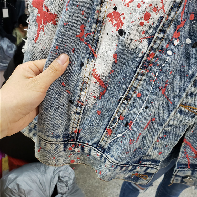Village Ripped Jeans Jackets Women Spring Autumn New Street Wear Graffiti Printing Sequins Loose Jeans Coat Female Denim Coats T200828