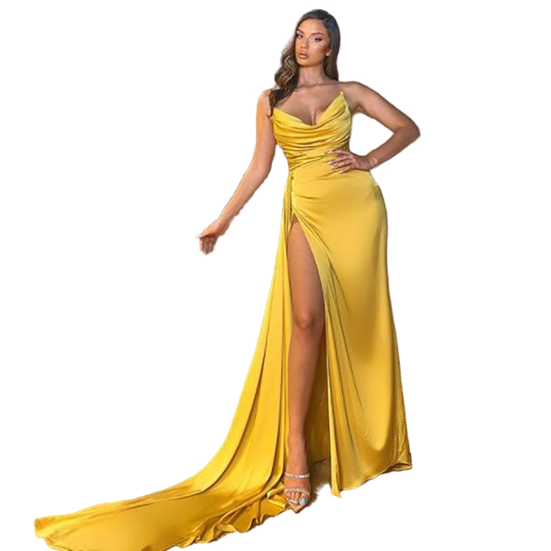 Sexy High Side Split Evening Dresses 2022 Strapless Mermaid Soft Stain Prom Gowns Sleeveless Backless Special Occasion Party Dress