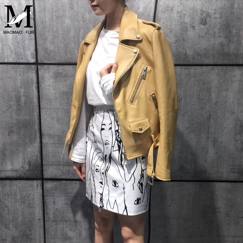 New Fashion Women Autumn Candy Color Leather Jackets Zipper Basic Sheepskin Coat Turndown Collar Biker Jacket With Belt 201030