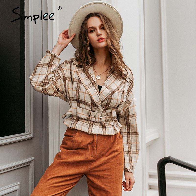 Simplee Women Fashion Plaid Artificial Woolen Coats Autumn Winter Female High Street Belt Short Jackets and Coats Ladies 201030