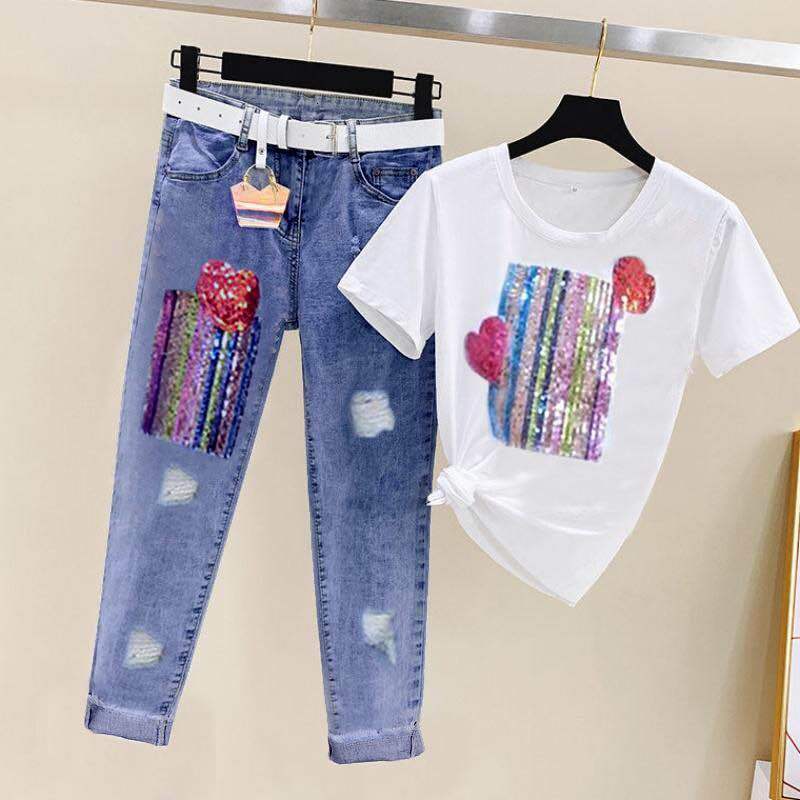 2021 New Summer Women Sets Fashion Short Sleeve Sequins t Shirt + Hole Jeans 2pcs Large Size Female Girl Casual Denim Pants Suits Y81 J3ry, White
2021 New Summer Women Sets Fashion Short Sleeve Sequins t Shirt + Hole Jeans 2pcs Large Size Female Girl Casual Denim Pants Suits Y81 J3ry, White