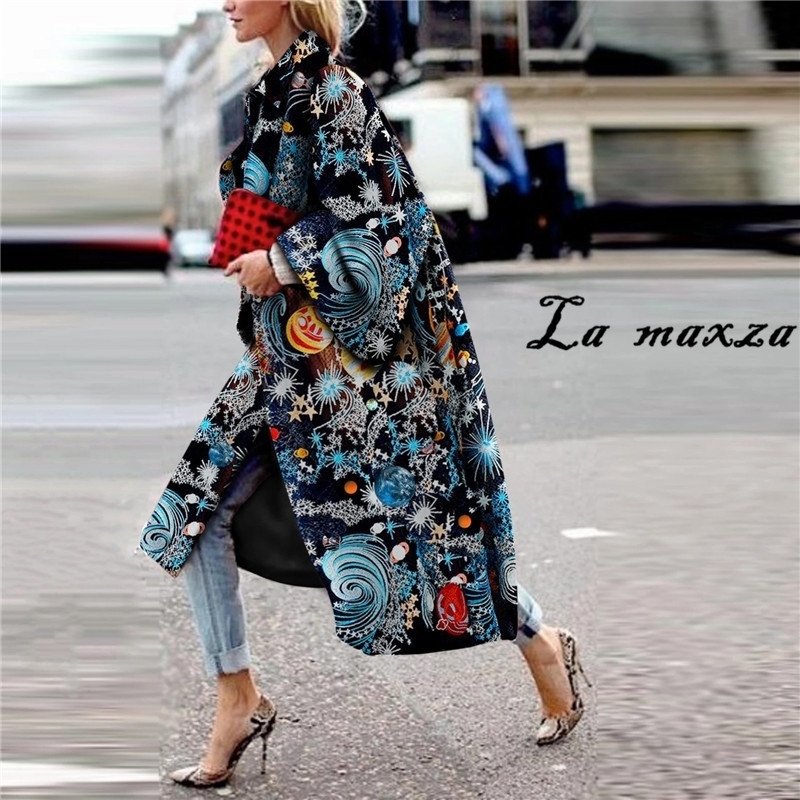 Women Fashion Casual Print Coat Plus Size Loose Elegant Clothing Long Coats LJ201128