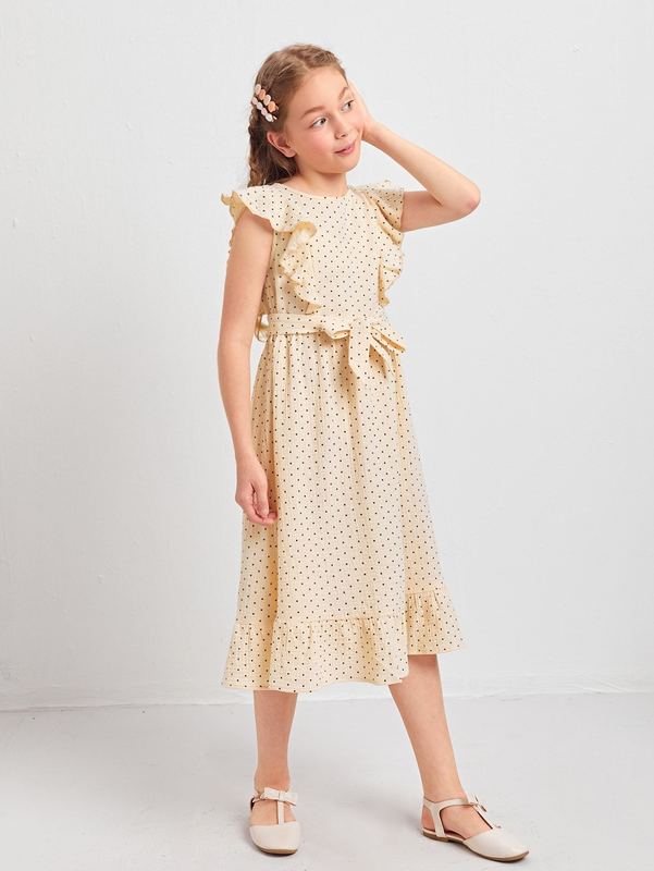 Girls Ruffle Trim Self Belted Polka Dot Dress SHE